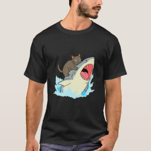 Camiseta Gato Engraçado Mordendo Tubarão
