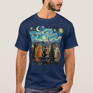 Camiseta Gato Engraçado Noite Estrelada Van Gogh Gatos Cena