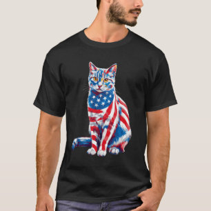 Camiseta Gato Engraçado Olhos Verdes Nos EUA Bandeira 4 De