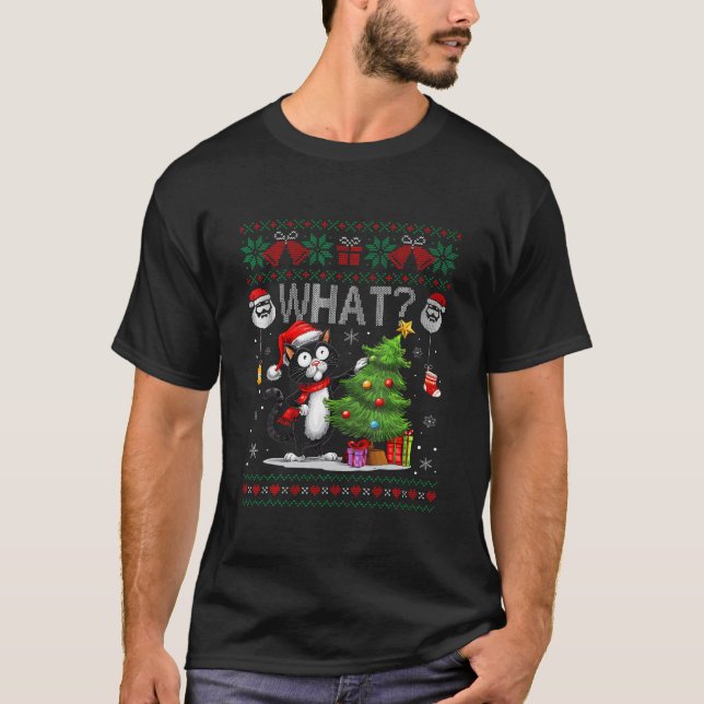 Camiseta Gato Engraçado Que Árvore Negra De Natal De Gato (Frente)
