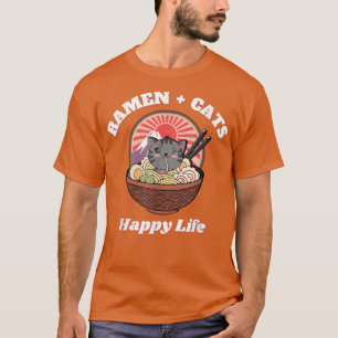 Camiseta Gato Engraçado Ramen + Gatos Feliz Vida 334