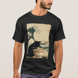 Camiseta Gato Engraçado Ramen Grande Onda de Kanagawa Arte 