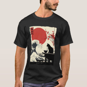 Camiseta Gato Engraçado Ramen Grande Onda de Kanagawa Arte 