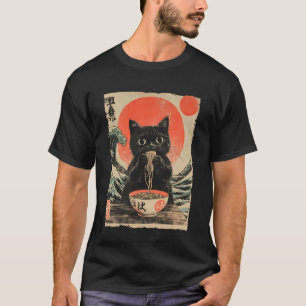 Camiseta Gato Engraçado Ramen Grande Onda de Kanagawa Arte 