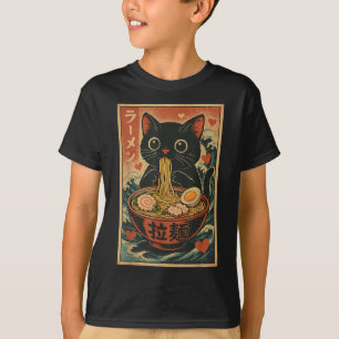 Camiseta Gato Engraçado Ramen Graphic Tee Japonês Anime Kaw
