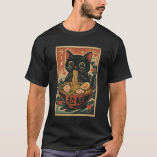 Camiseta Gato Engraçado Ramen Graphic Tee Japonês Anime Kaw