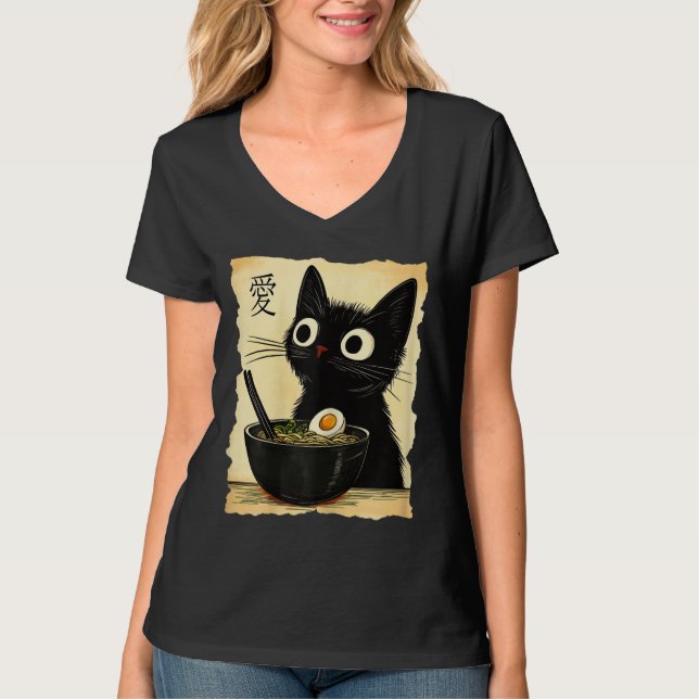 Camiseta Gato Engraçado Ramen Graphic Tee Japonês Anime Kaw (Frente)