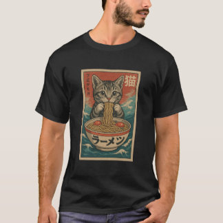 Camiseta Gato Engraçado Ramen Graphic Tee Japonês Anime Kaw