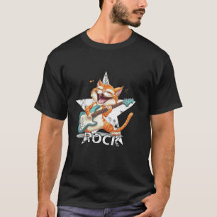 Camiseta Gato Engraçado Rockstar Música Tocando Guitarra Ho