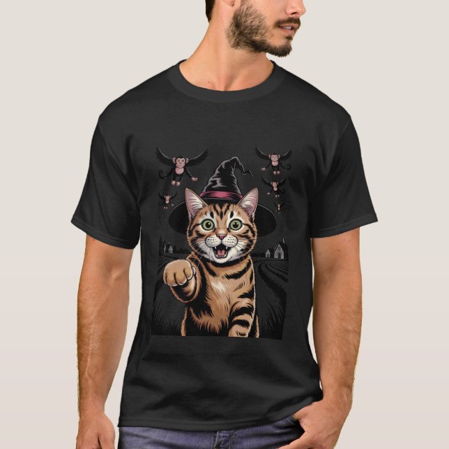 Camiseta Gato engraçado selfie bruxa macacos voadores truqu (Frente)