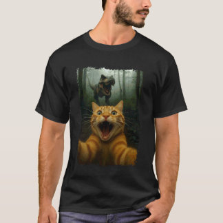Camiseta Gato Engraçado Selfie com Dinossauro T-Rex