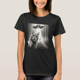 Camiseta Gato Engraçado Selfie Com Gráfico de OVNI Alien Ho