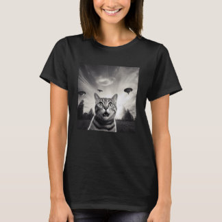 Camiseta Gato Engraçado Selfie com OVNI