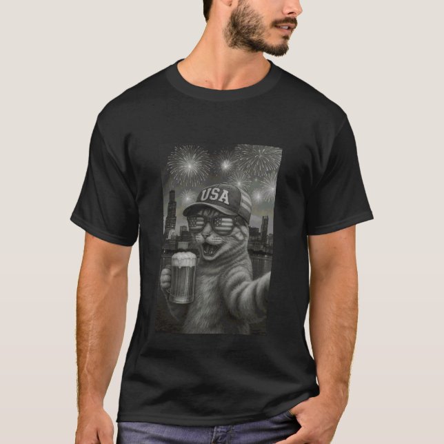 Camiseta Gato Engraçado Selfie Com OVNI Alien Chicago 4 De  (Frente)