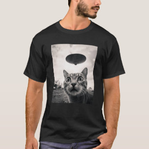 Camiseta Gato Engraçado Selfie com OVNIs Espaço Alienígena 
