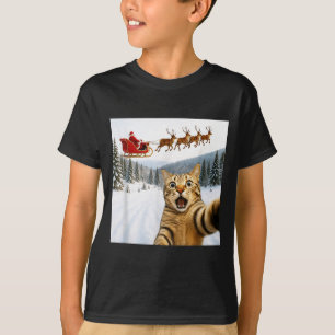 Camiseta Gato Engraçado Selfie Com Trenó do Papai Noel Rena