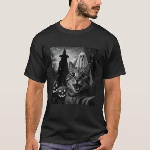 Camiseta Gato Engraçado Selfie com uma Bruxa & Fantasma Ass