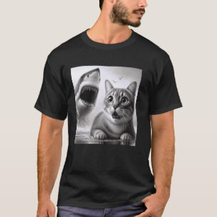 Camiseta Gato engraçado suspense vs Tubarão - Gato Medo Fel