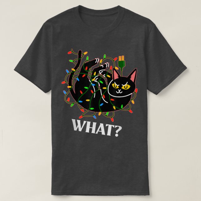 Camiseta Gato Engraçado Tangido em Luzes de Árvore de Natal (Frente do Design)