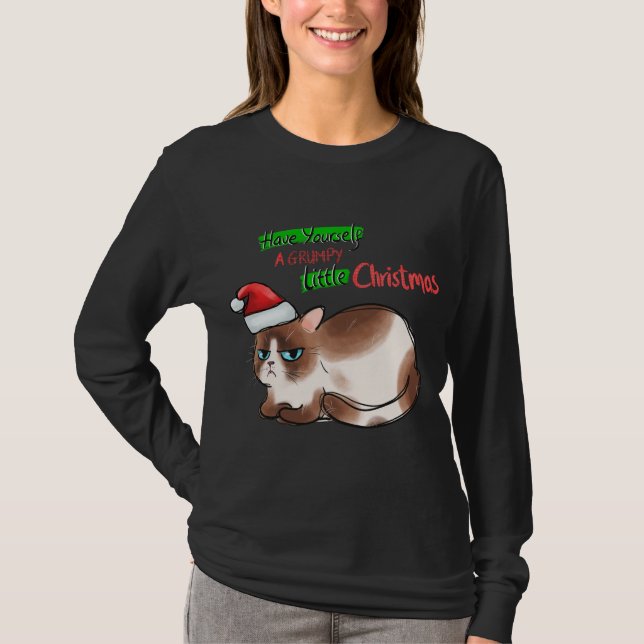 Camiseta Gato Engraçado Tenha Um Pequeno Natal Engraçado (Frente)