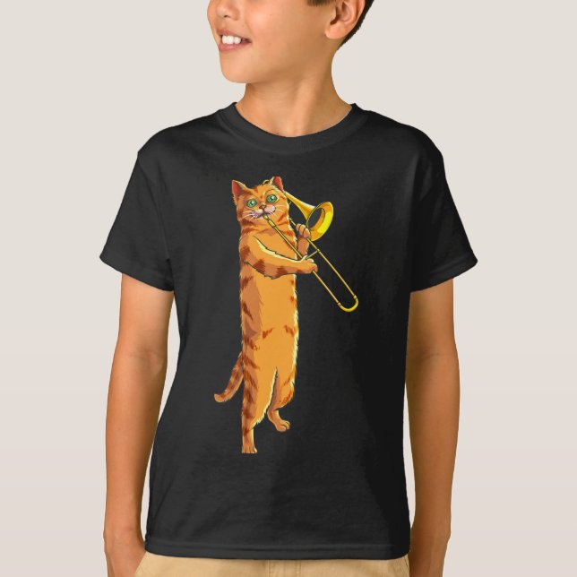 Camiseta Gato Engraçado Tocando Trombone Presente Gatinho L (Frente)