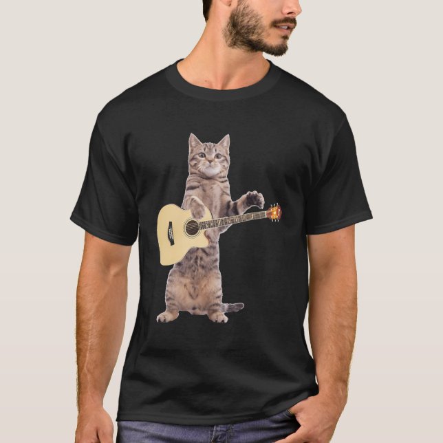 Camiseta Gato Engraçado Tocando Violão Acústico (Frente)