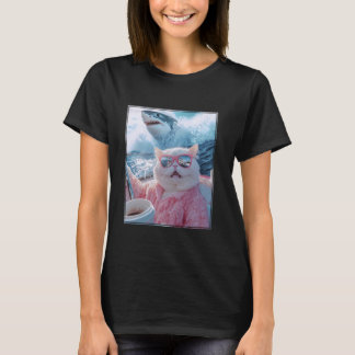 Camiseta Gato Engraçado Tubarão Meme Selfie Gato em um Iate