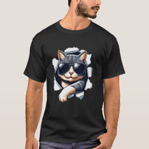 Camiseta Gato Engraçado Usando Óculos de Sol