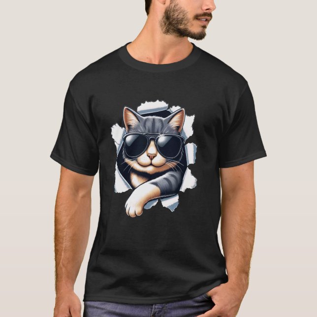 Camiseta Gato Engraçado Usando Óculos de Sol (Frente)