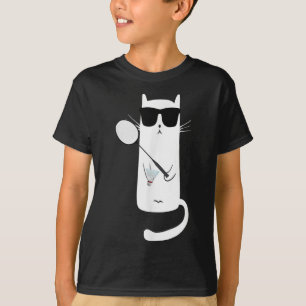 Camiseta Gato Engraçado Usando Óculos de Sol Jogando Badmin