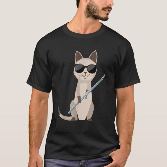 Camiseta Gato Engraçado Usando Óculos de Sol Tocando Flauta (Frente)