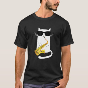 Camiseta Gato Engraçado Usando Óculos de Sol Tocando Saxofo