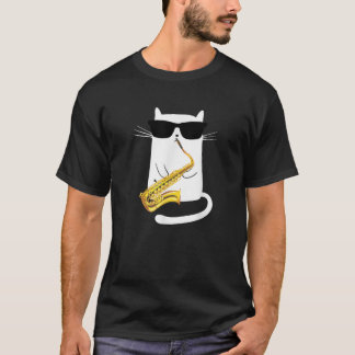 Camiseta Gato Engraçado Usando Óculos de Sol Tocando Saxofo