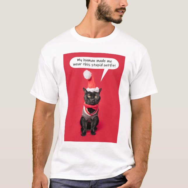Camiseta Gato Engraçado Vestido de Natal (Frente)
