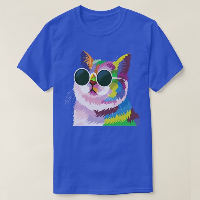 Camiseta Gato Engraçado Vestindo Óculos de Sol, Gato Arco-Í (Frente do Design)
