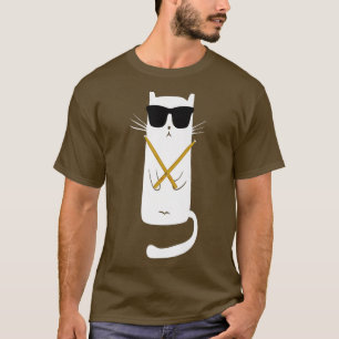 Camiseta Gato Engraçado Vestindo Óculos De Sol Jogando Drum