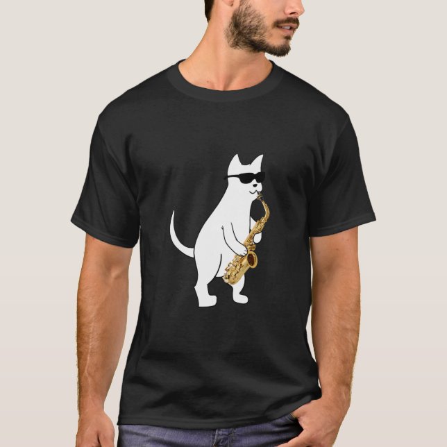 Camiseta Gato Engraçado Vestindo Óculos De Sol Jogando Saxo (Frente)