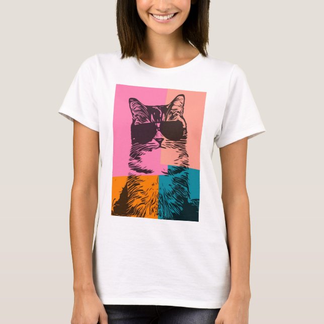 Camiseta Gato Engraçado Vestindo óculos de sol Pop de cor m (Frente)