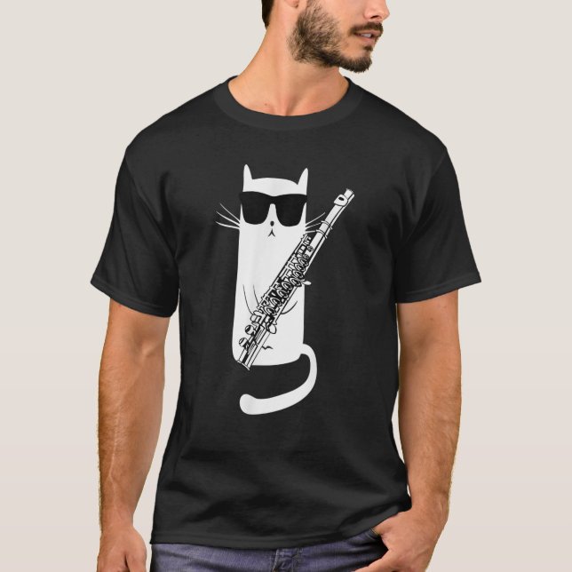 Camiseta Gato Engraçado Vestindo Óculos De Sol Tocando Flut (Frente)