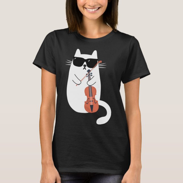 Camiseta Gato Engraçado Vestindo Óculos De Sol Tocando Viol (Frente)