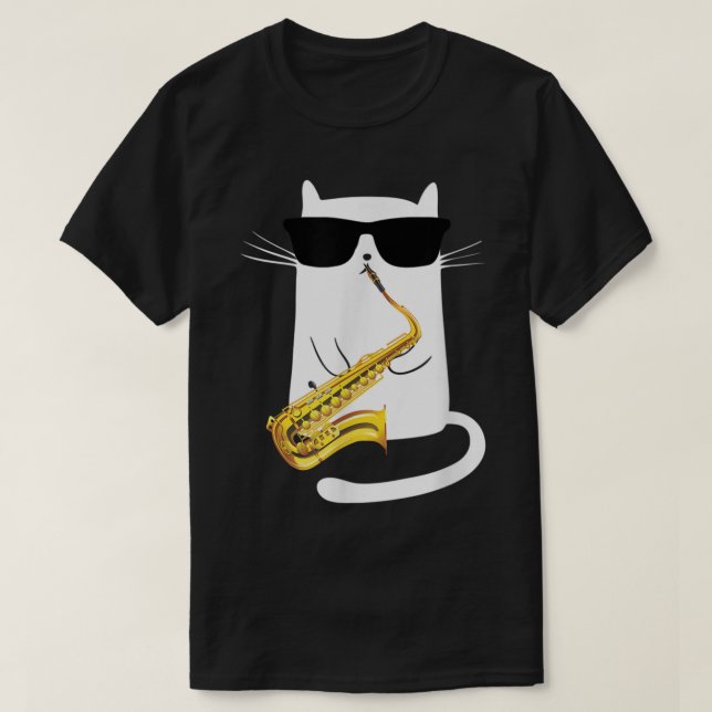 Camiseta Gato Engraçado Vestindo Óculos Solares Jogando Sax (Frente do Design)
