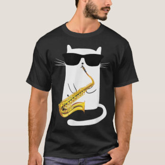 Camiseta Gato Engraçado Vestindo Óculos Solares Jogando Sax