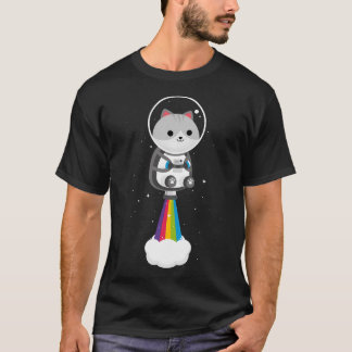 Camiseta Gato Engraçado Voando Pelo Espaço Com O Rainbow Je