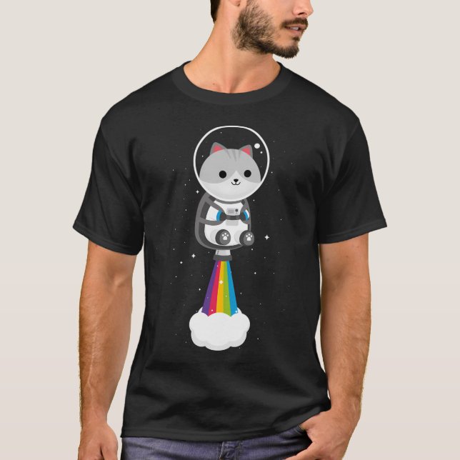 Camiseta Gato Engraçado Voando Pelo Espaço Com O Rainbow Je (Frente)
