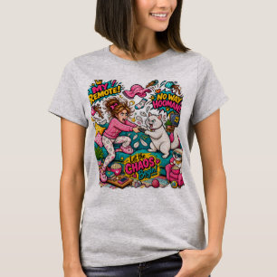 Camiseta Gato Engraçado vs Batalha Remota Humana Cartoon Lo