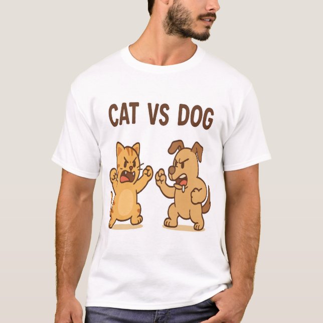 Camiseta Gato Engraçado vs Cartoon De Cachorro Combatem Ani (Frente)