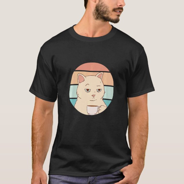 Camiseta Gato Entediado com Café Gráfico Retro Sol (Frente)