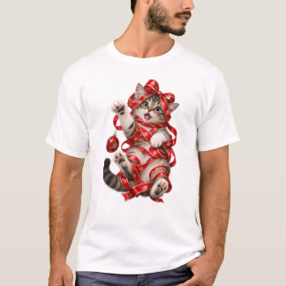 Camiseta Gato Envolto em Fita de Natal