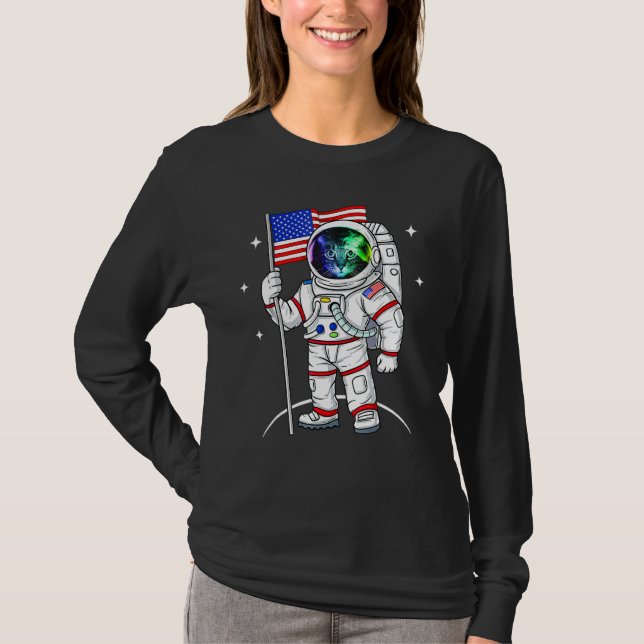 Camiseta Gato Espacial Astronauta 4 De Julho Bandeira Ameri (Frente)