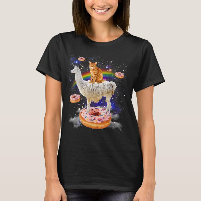 Camiseta Gato espacial cavalgando lama e rosquinha galáxia  (Frente)